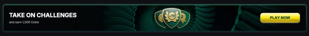 Banner de desafÃos de juegos Kinbet que ofrece recompensas en monedas por participación